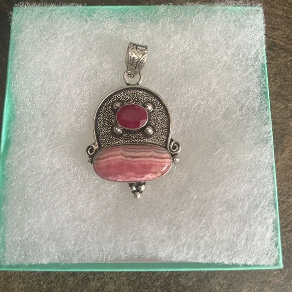 Ruby / Striped Rhodochrosite 925 Sterling Silver Pendant /Hand Crafted ❤️ - Picture 5 of 6